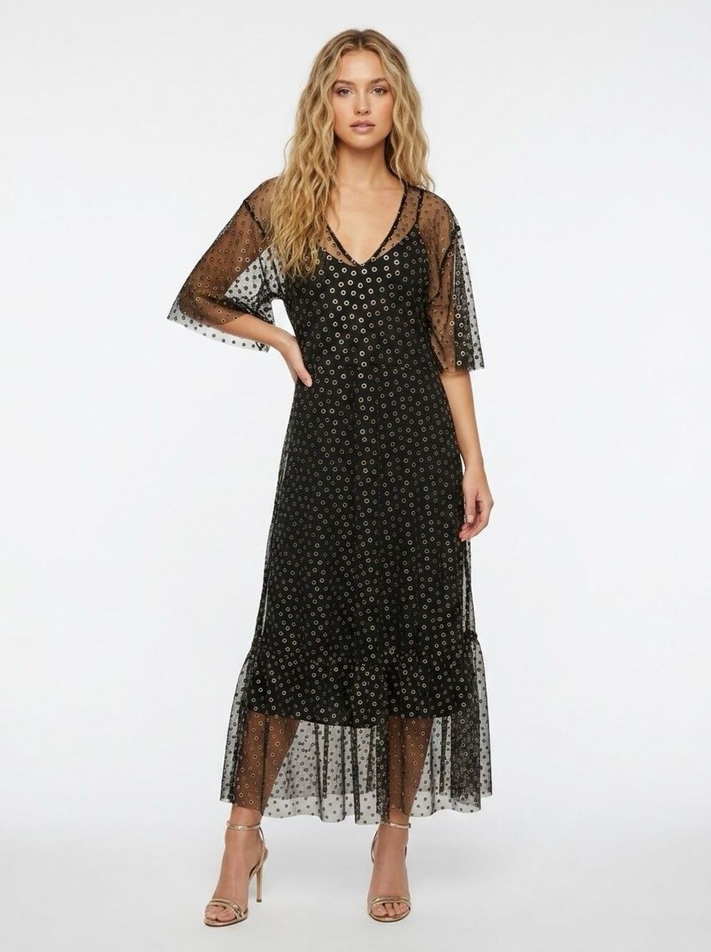 NWT ModCloth Black Sheer Mesh Gold Metallic Circle Sparkly Maxi Dress Medium